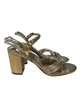 J Crew Metallic Gold & Silver Knotted Strappy Block Heel Sandals Size 8